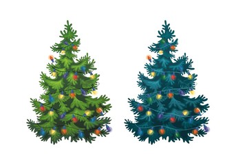 Vector illustration of decorated christmas tree on white background. Green and blue fluffy pines, isolated on white background 1.1