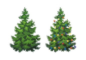 Vector illustration of decorated christmas tree on white background. Green fluffy pines, isolated on white background 1.1