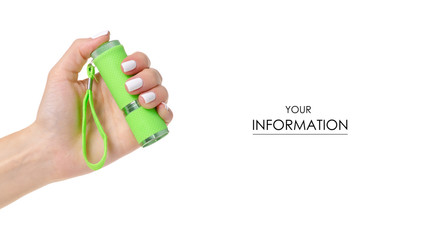 Green flashlight energy in hand pattern on white background isolation