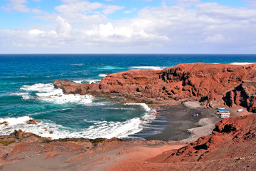 Fishing boats, black sand beach, El Golfo, Lanzarote, Canary Islands