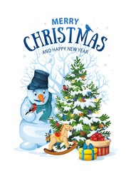 Vector illustration of snowman and decorated christmas tree with gifts and toys on white background. Greeting card with Merry Christmas 1.1