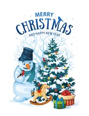 Vector illustration of snowman and decorated christmas tree with gifts and toys on white background. Greeting card with Merry Christmas 2.1