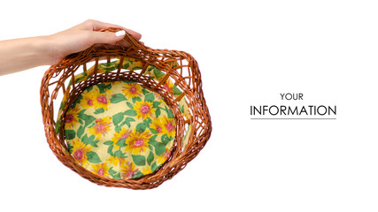 Wicker basket for bread empty in hand pattern on white background isolation