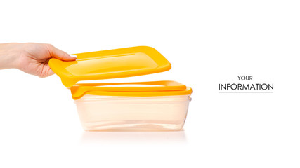 Plastic food container in hand on white background isolation