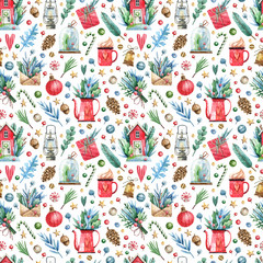 Watercolor seamless pattern on the Christmas theme.Christmas house, fir branches, gifts, cocoa and...