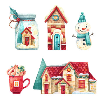 Christmas Set Of Watercolor Elements. Houses Snowmen, Gingerbread, Candy, Toys And Decor.