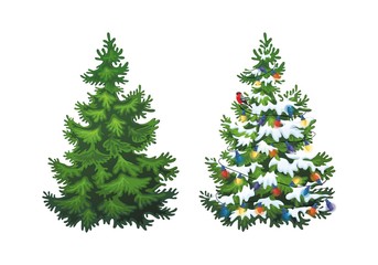 Vector illustration of decorated christmas tree in snow on white background. Green fluffy christmas pine, isolated on white background 1.2