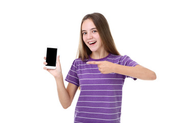 Beautiful girl with smartphone on white background