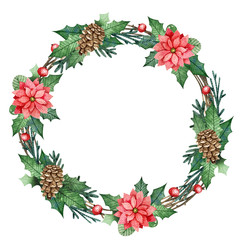 Watercolor Christmas wreath with flowers and berries