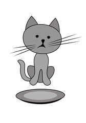 Sad hungry kitty with an empty food bowl. Vector illustration.