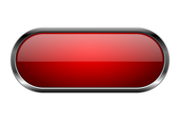 Red glass button. Oval 3d shiny icon with metal frame