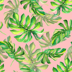 Seasonal natural pattern with green leaves on pink background. Seamless tropical texture for banner, wedding decor, invitation card, wrapping paper design, glamour fabric print. Watercolor drawing
