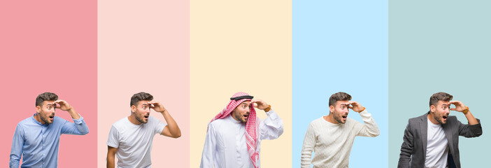 Collage of handsome young man over colorful stripes isolated background very happy and smiling looking far away with hand over head. Searching concept.