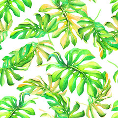 Beautiful seasonal pattern with exotic green and yellow watercolor leaves isolated on white background. Seamless tropical texture with foliage for party decoration, fashion textile print, banner