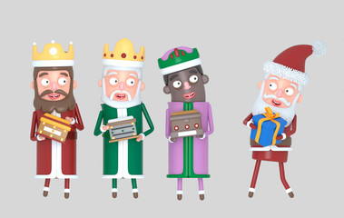 Tree Magic Kings  and Santa Claus holding presents. Isolated.
Isolated. Easy automatic vectorization. Easy background remove. Easy color change. Easy combine. 
