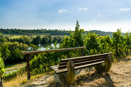 Idyllischer Rastplatz im Weinberg im Tal der Flu&szlig; Main, im Hintergrund ein Weinberg mit der Burg Vogelsburg bei strahlendem Sonnenschein und blauem Himmel nahe der Stadt Volkach