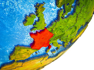 France on 3D model of Earth with water and divided countries.