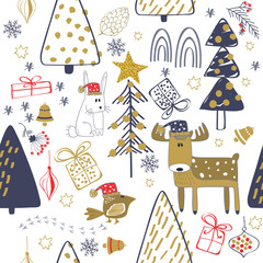 Winter forest background with animals and trees. Seamless pattern