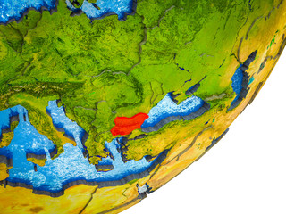 Bulgaria on 3D model of Earth with water and divided countries.