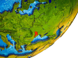 Moldova on 3D model of Earth with water and divided countries.