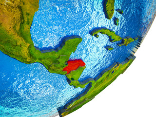 Honduras on 3D model of Earth with water and divided countries.