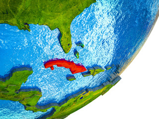 Cuba on 3D model of Earth with water and divided countries.