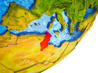Tunisia on 3D model of Earth with water and divided countries.