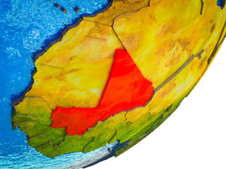 Mali on 3D model of Earth with water and divided countries.