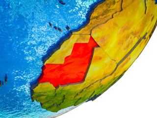 Mauritania on 3D model of Earth with water and divided countries.
