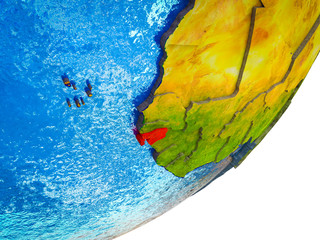 Guinea-Bissau on 3D model of Earth with water and divided countries.