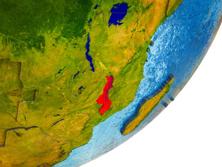 Malawi on 3D model of Earth with water and divided countries.