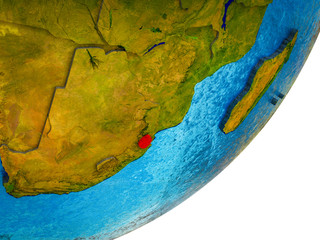 eSwatini on 3D model of Earth with water and divided countries.