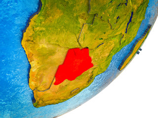 Botswana on 3D model of Earth with water and divided countries.