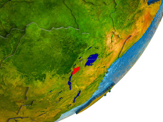 Burundi on 3D model of Earth with water and divided countries.
