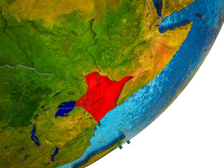Kenya on 3D model of Earth with water and divided countries.
