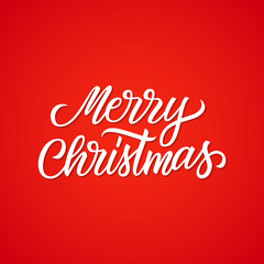 Merry Christmas handwritten inscription on red background. Creative typography for christmas holiday greetings and invitations. Vector illustration.