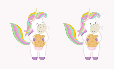 Obraz na płótnie Canvas Set of unicorn characters on a white background. Unicorn with cookies. Flat illustrations for design.