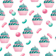 Watercolor pattern with cupcakes and candies on a white background. Illustration of food in cartoon style for s, packaging design, printing