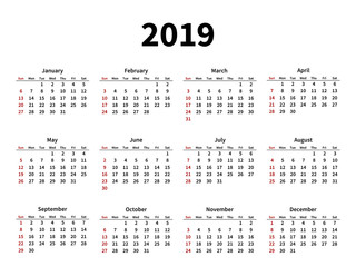 Calendar layout for 2019 year on white background