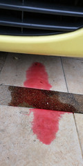 Brake fluid leak, overflow under the car on ground floor is red color