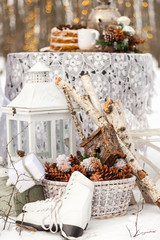 Winter holiday decorations in the forest. Winter background.