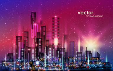 City Skyline Night cityscape with illuminated buildings and road, illustration with architecture, skyscrapers, megapolis, buildings, downtown.