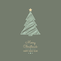 Merry Christmas and Happy New Year - card with hand drawn tree. Vector.