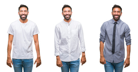 Collage of handsome young indian man over isolated background smiling doing phone gesture with hand and fingers like talking on the telephone. Communicating concepts.