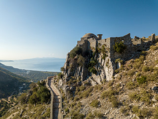 Drone view of Borsh Castle in Borsh (himara) Albania. 13th century castle