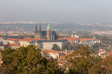 PRAGUE, CZECH REPUBLIC - OCTOBER 09, 2018: View of St. Vitus Cathedral and Prague Castle from the Petrin Tower.