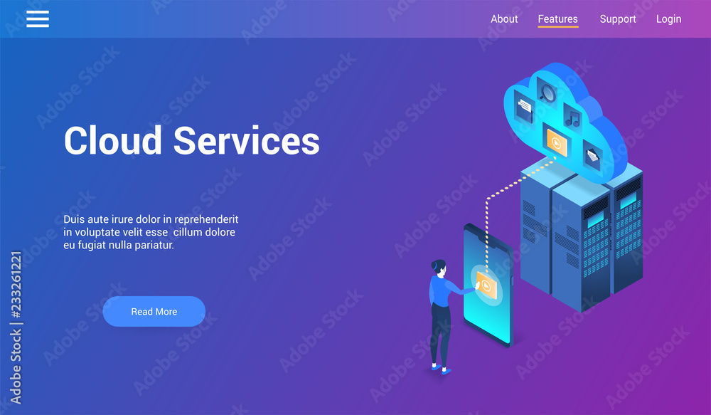 Poster isometric design concept on cloud services theme. vector illustration mock-up for website and mobile