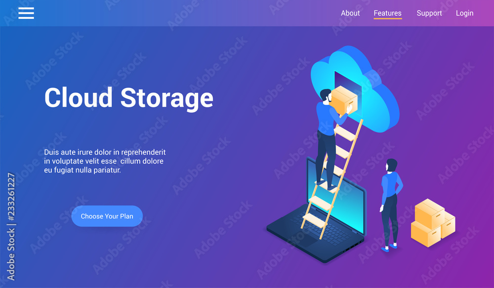 Poster isometric design concept on cloud storage theme. vector illustration mock-up for website and mobile 