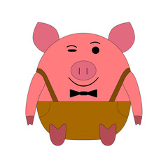 pink pig on a white background in pants with suspenders