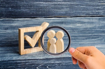 Magnifying glass is looking at the Three wooden human figures stand together next to a tick in the...